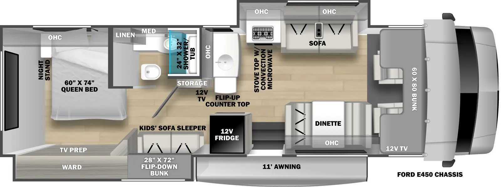 The Solera 32DSB floorplan has one entry and two slide outs. Exterior features include: 11' awning. Interiors features include: bunk beds, rear bedroom, bunk over cab and dinette.